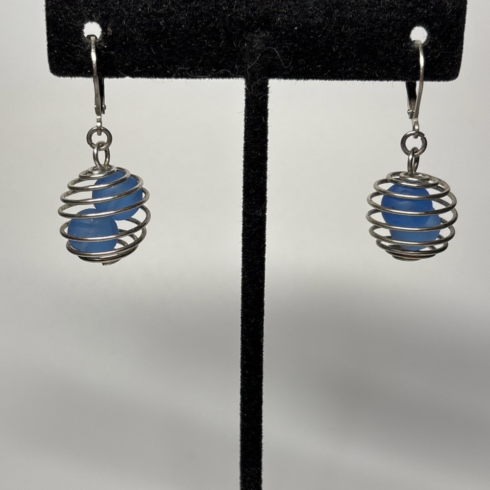 Blue Sea Glass Like Bead Cage Drop Earrings Silver Tone Leverback
